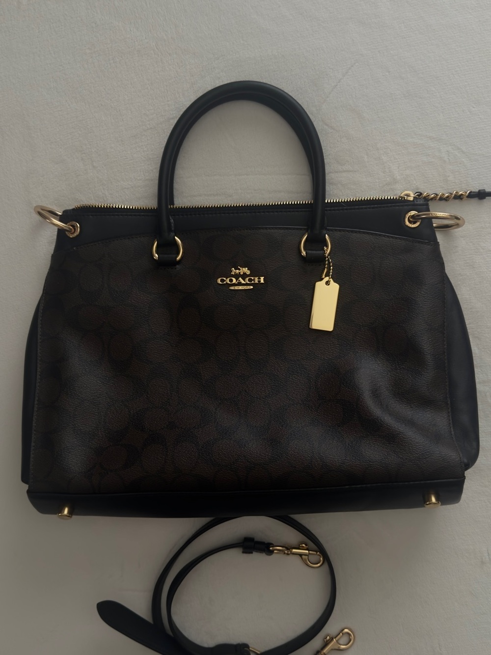 Never Used Coach Brown and Black Signature Satchel with Gold Hardware